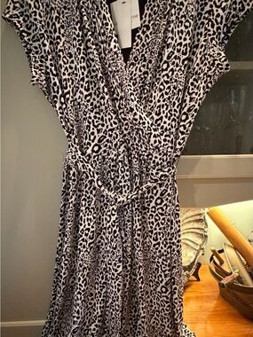 Liz Claiborne Black and White Leopard Print Faux Wrap Midi Dress